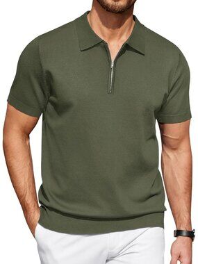Men's Solid- Army Green Zipper Polo Shirt Casual Knit Short Sleeve Classic Fit T